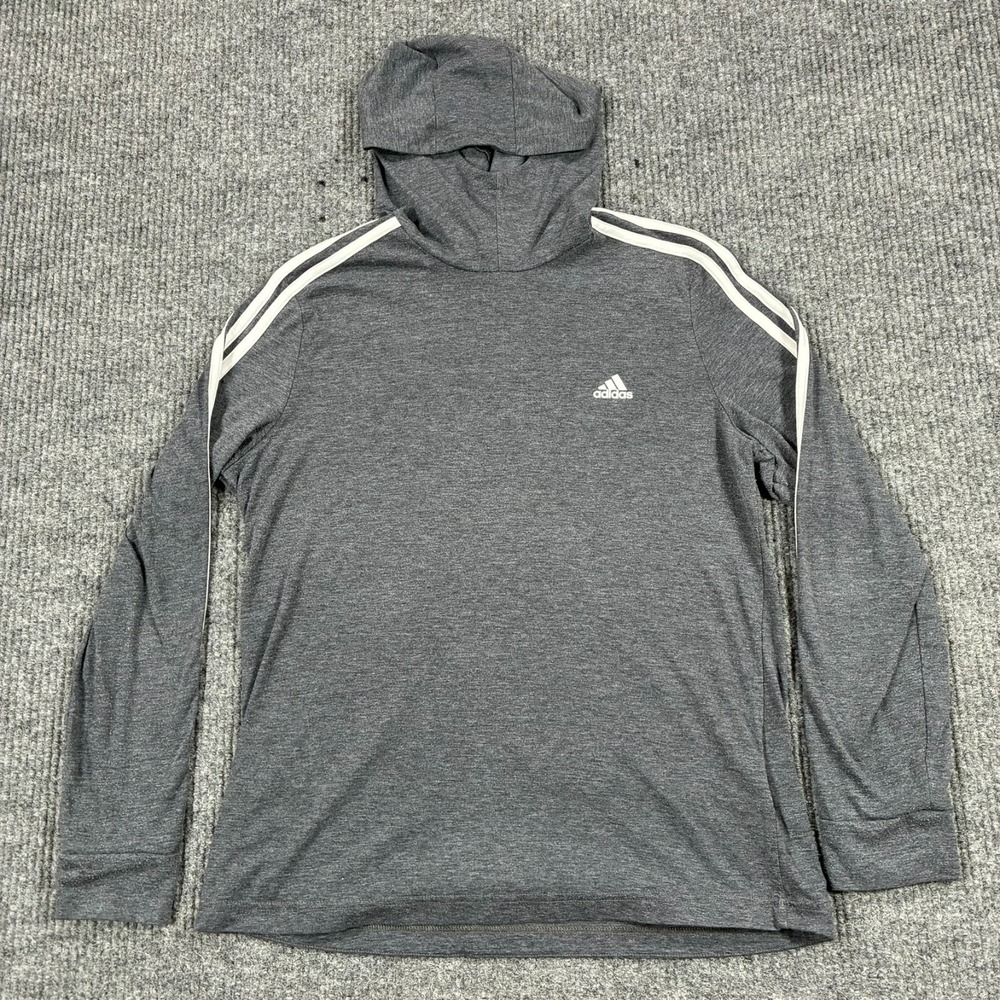 Adidas Mens Large Gray 3 Stripe Hooded Long Sleeve Athletic Performance Shirt